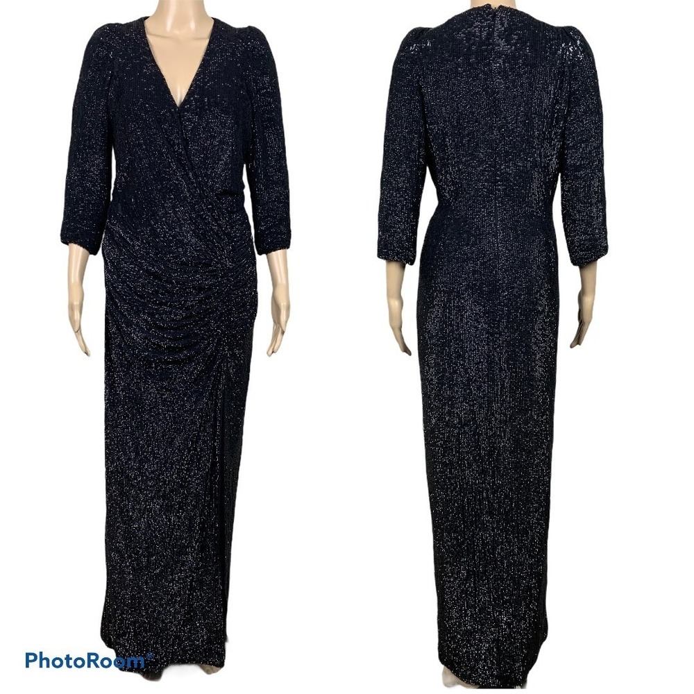 Basix Black Label Silk Size 10 Black‎ Drape Ruched Sequin V-neck Formal Dress